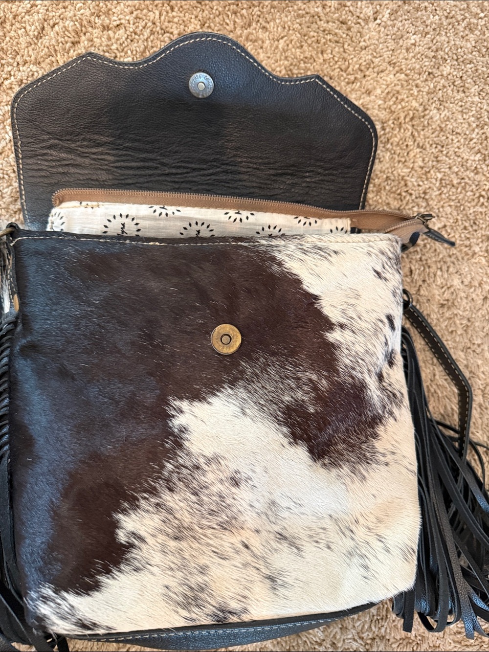 Myra Bag Turquoise and Brown Tooled Leather Cowhide Fringe Crossbody - Picture 7 of 9